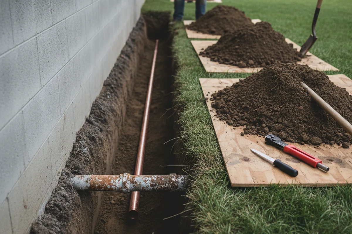 Excavated water line trench during Water Heater Repair in Rock Creek